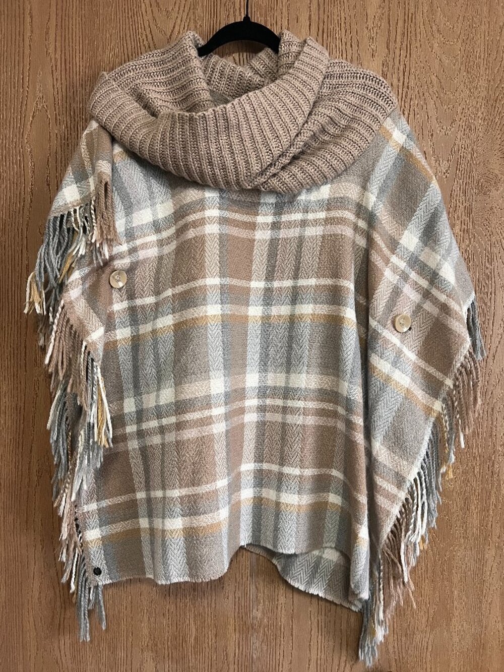 FRAAS Light Brown Plaid Fringe Poncho Cowl Neck Sweater in One size